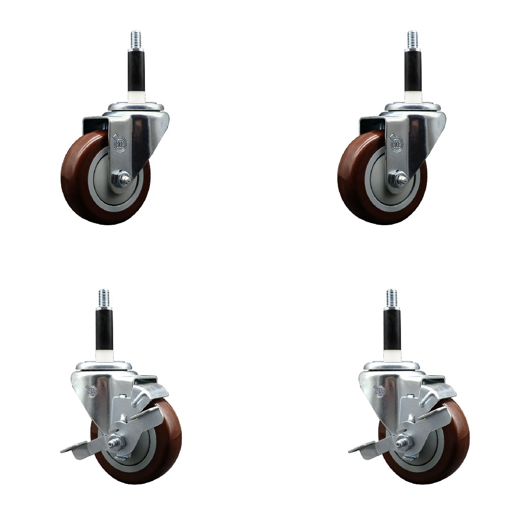 Stainless Steel Polyurethane Swivel Expanding Stem Caster Set of 4 with 3.5 Inch Maroon Wheels and 7/8" Stems - Includes 2 with Top Locking Brakes - 1200 lbs Total Capacity - Service Caster Brand — photo 1