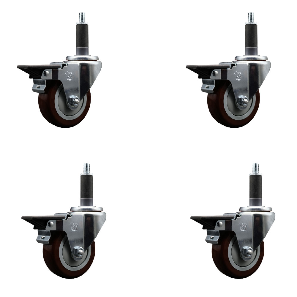 Polyurethane Swivel Expanding Stem Caster Set of 4 with 3.5 Inch Maroon Wheels and 1" Stems - Includes 4 Swivel with Posi Locking Brakes - 300 lbs. Capacity Per Caster - Service Caster Brand — photo 1