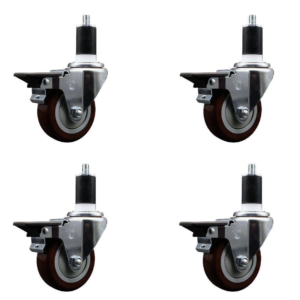 Polyurethane Swivel Expanding Stem Caster Set of 4 with 3.5 Inch Maroon Wheels and 1-1/2" Stems - Includes 4 Swivel with Posi Locking Brakes - 300 lbs. Capacity Per Caster - Service Caster Brand — photo 1