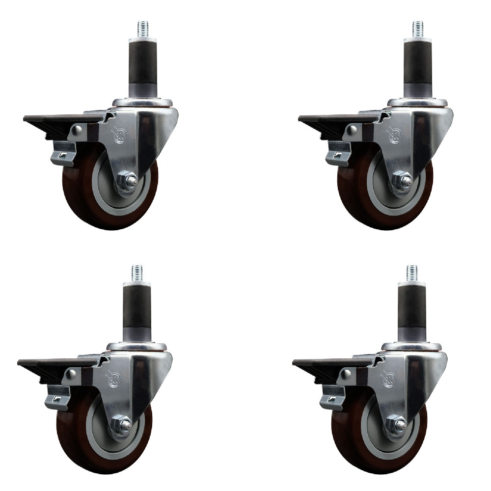 Polyurethane Swivel Expanding Stem Caster Set of 4 with 3.5 Inch Maroon Wheels and 1-1/4" Stems - Includes 4 Swivel with Posi Locking Brakes - 300 lbs. Capacity Per Caster - Service Caster Brand — photo 1