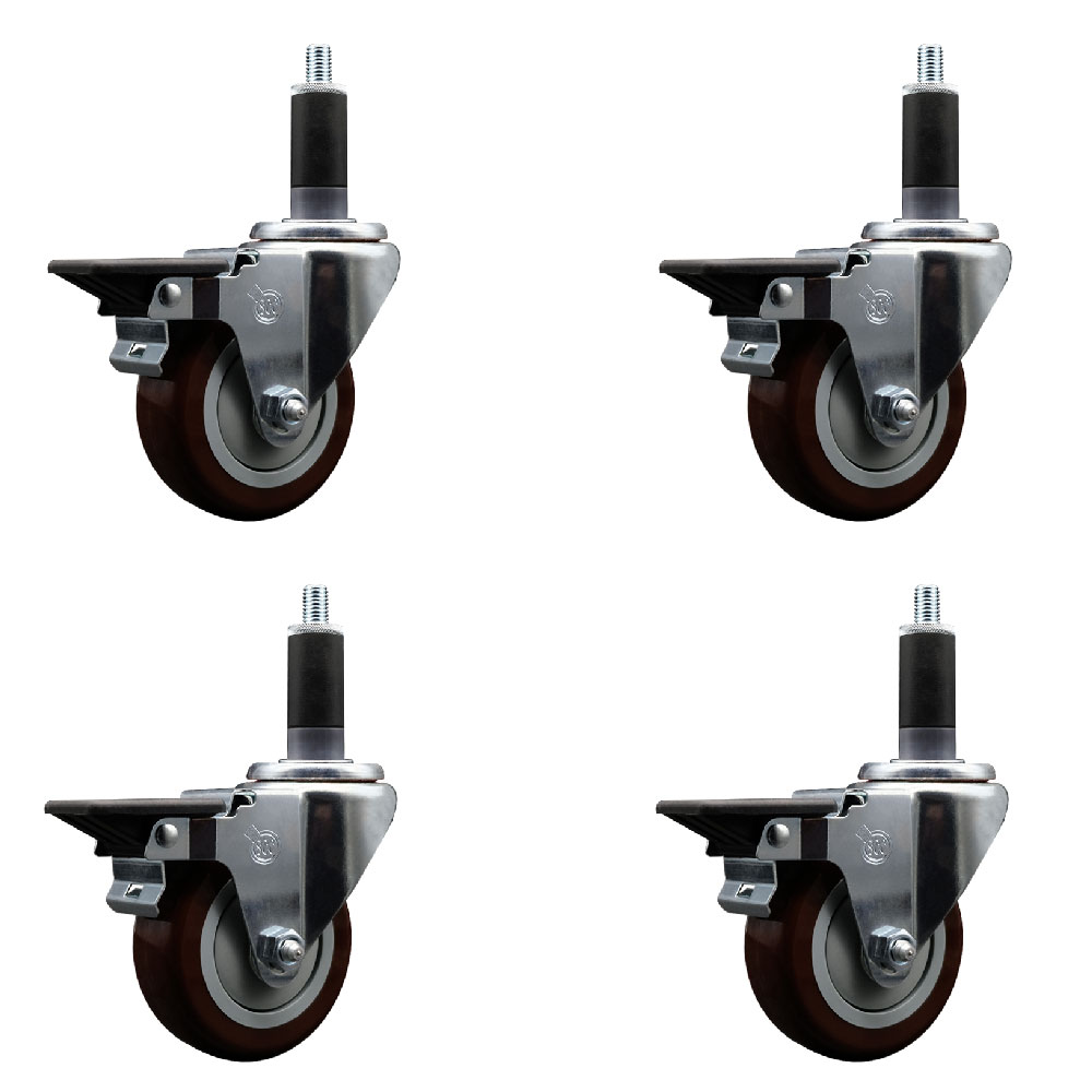 Polyurethane Swivel Expanding Stem Caster Set of 4 with 3.5 Inch Maroon Wheels and 1-1/8" Stems - Includes 4 Swivel with Posi Locking Brakes - 300 lbs. Capacity Per Caster - Service Caster Brand — photo 1