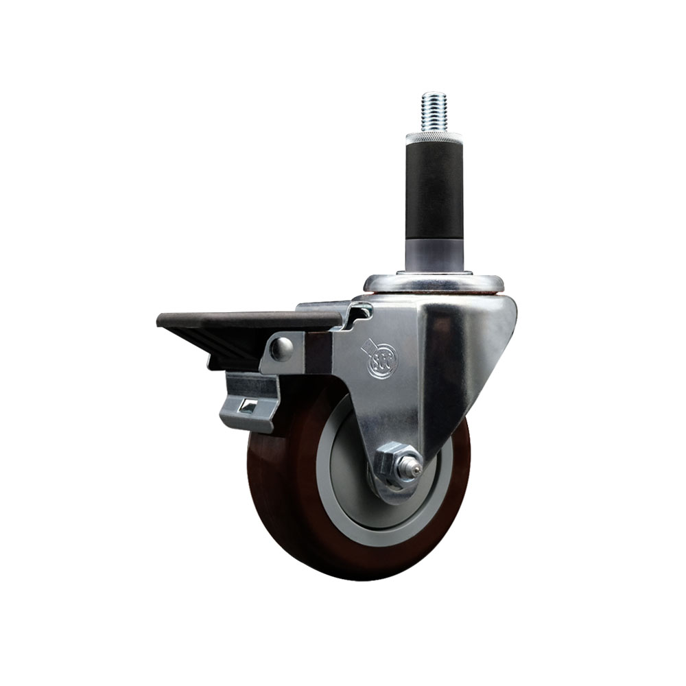 Polyurethane Expanding Stem Swivel Caster with 3.5 Inch Maroon Wheel and 1-1/8" Stem & Posi Locking Brake - 300 lbs. Capacity Per Caster - Service Caster Brand — photo 1