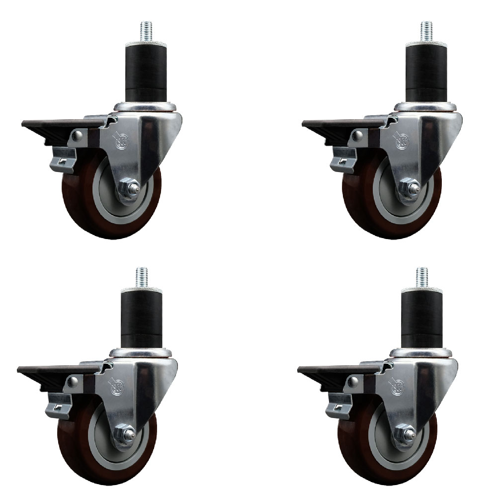 Polyurethane Swivel Expanding Stem Caster Set of 4 with 3.5 Inch Maroon Wheels and 1-3/4" Stems - Includes 4 Swivel with Posi Locking Brakes - 300 lbs. Capacity Per Caster - Service Caster Brand — photo 1