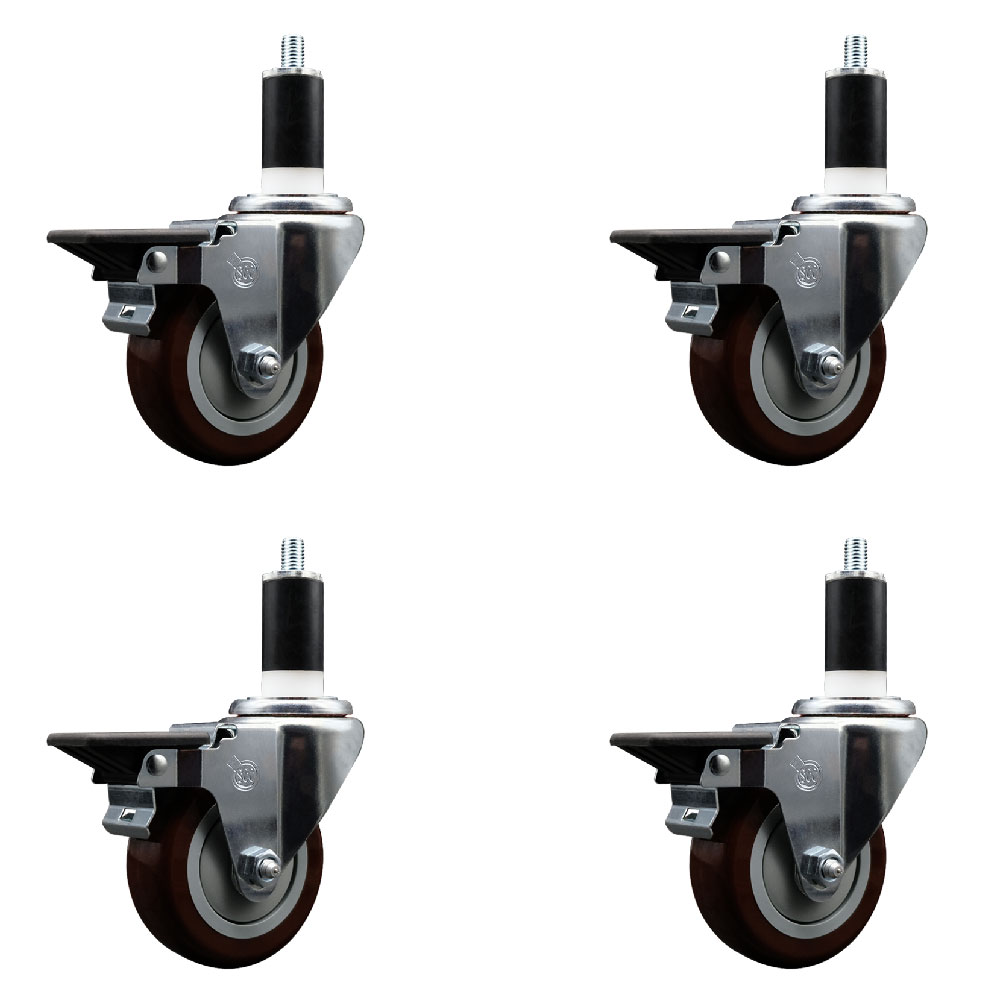Polyurethane Swivel Expanding Stem Caster Set of 4 with 3.5 Inch Maroon Wheels and 1-3/8" Stems - Includes 4 Swivel with Posi Locking Brakes - 300 lbs. Capacity Per Caster - Service Caster Brand — photo 1