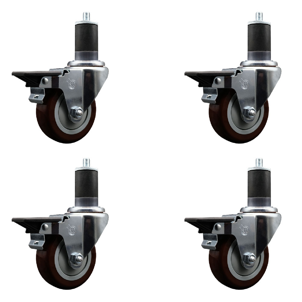 Polyurethane Swivel Expanding Stem Caster Set of 4 with 3.5 Inch Maroon Wheels and 1-5/8" Stems - Includes 4 Swivel with Posi Locking Brakes - 300 lbs. Capacity Per Caster - Service Caster Brand — photo 1