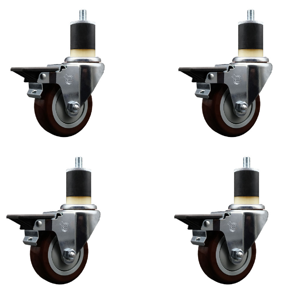 Polyurethane Swivel Expanding Stem Caster Set of 4 with 3.5 Inch Maroon Wheels and 1-7/8" Stems - Includes 4 Swivel with Posi Locking Brakes - 300 lbs. Capacity Per Caster - Service Caster Brand — photo 1