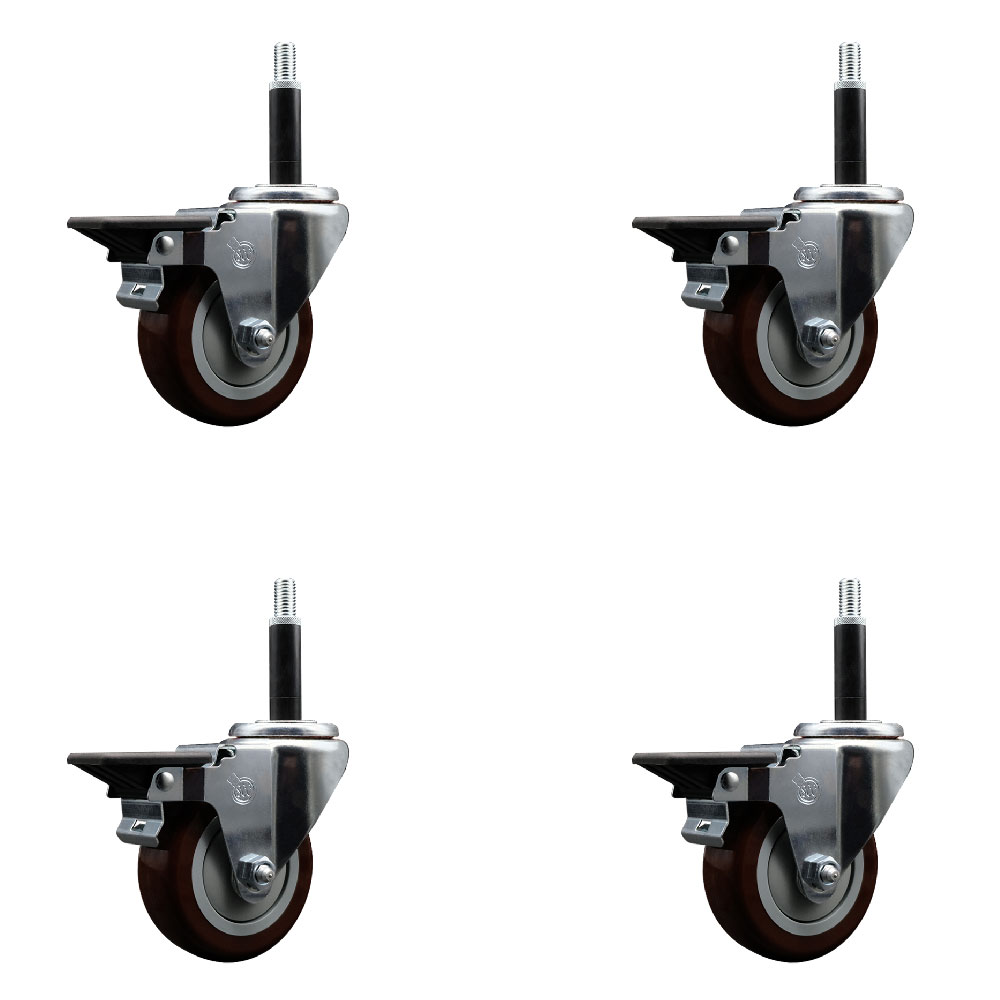 Polyurethane Swivel Expanding Stem Caster Set of 4 with 3.5 Inch Maroon Wheels and 3/4" Stems - Includes 4 Swivel with Posi Locking Brakes - 300 lbs. Capacity Per Caster - Service Caster Brand — photo 1