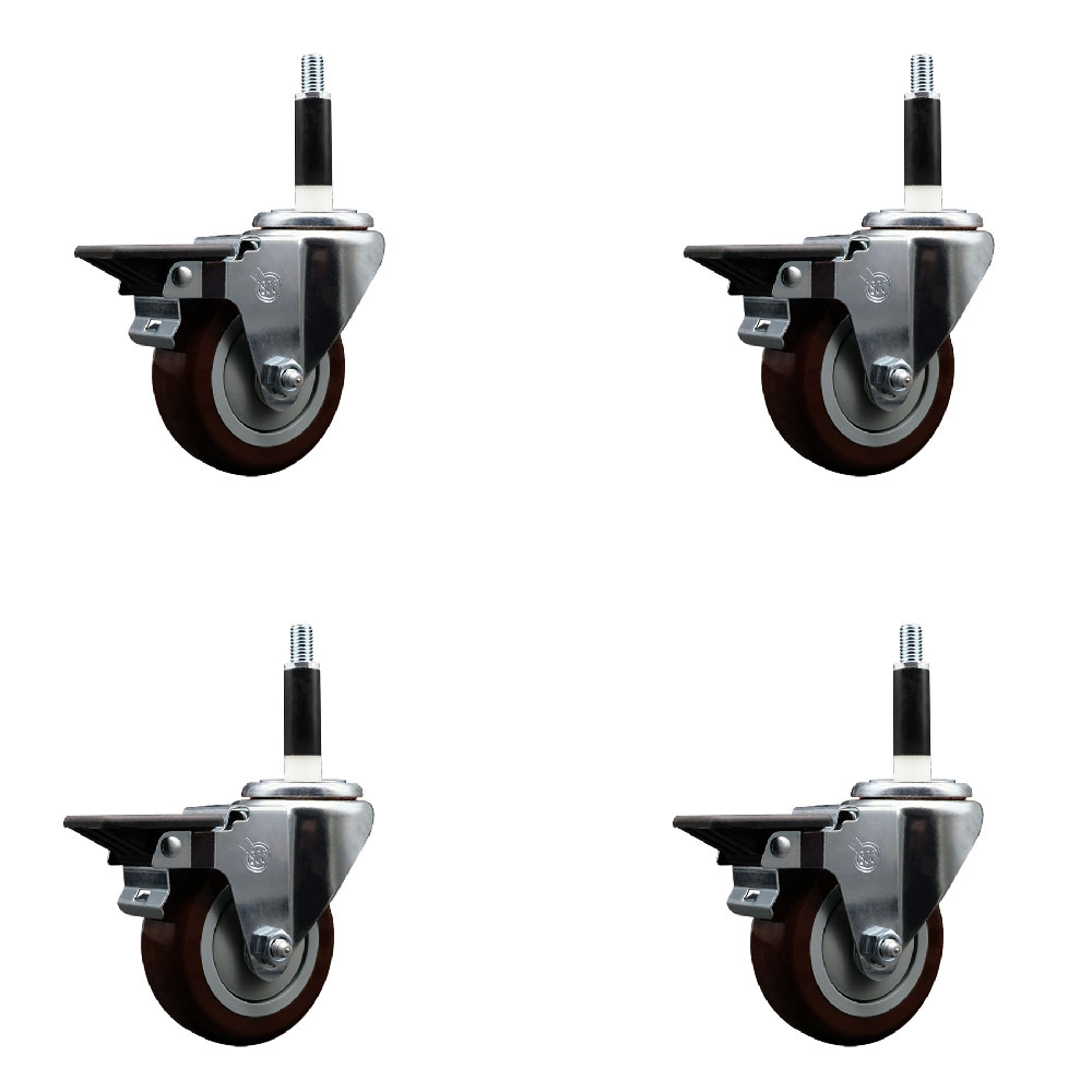 Polyurethane Swivel Expanding Stem Caster Set of 4 with 3.5 Inch Maroon Wheels and 7/8" Stems - Includes 4 Swivel with Posi Locking Brakes - 300 lbs. Capacity Per Caster - Service Caster Brand — photo 1
