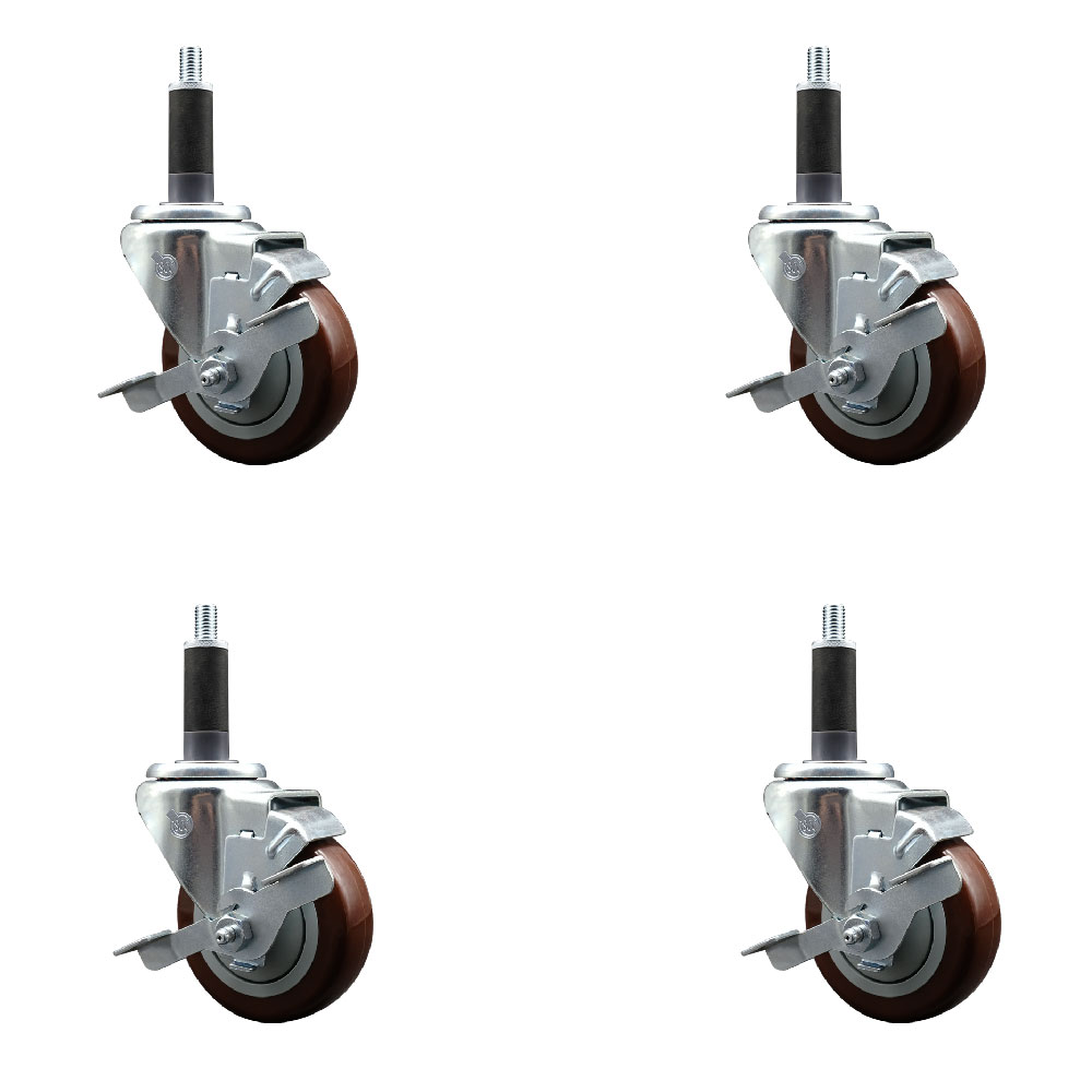 Stainless Steel Polyurethane Swivel Expanding Stem Caster Set of 4 with 3.5 Inch Maroon Wheels and 1" Stems - 4 Swivel with Top Locking Brakes - 300 lbs. Capacity Per Caster - Service Caster Brand — photo 1