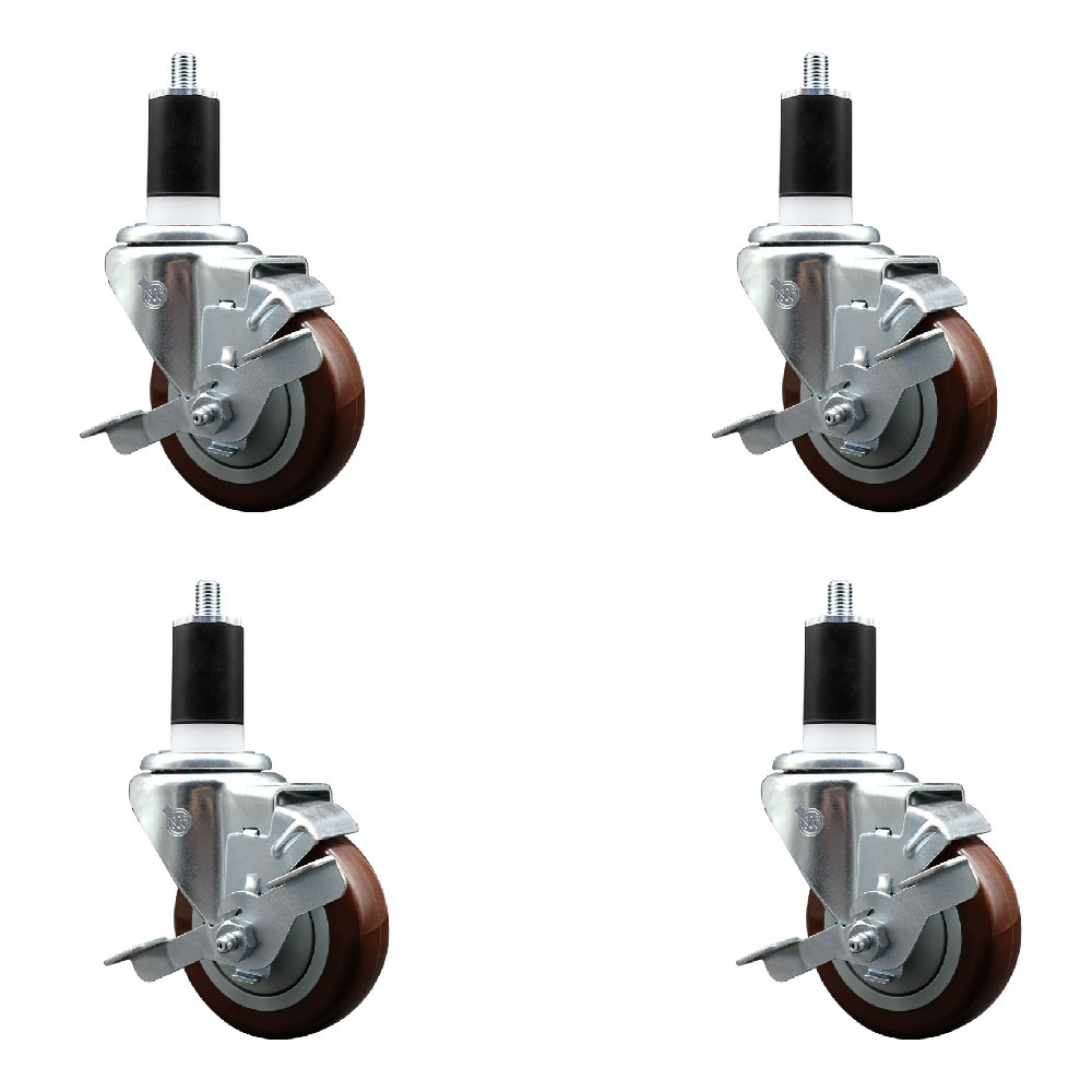 Stainless Steel Polyurethane Swivel Expanding Stem Caster Set of 4 with 3.5 Inch Maroon Wheels and 1-1/2" Stems - 4 Swivel with Top Locking Brakes - 300 lbs. Capacity Per Caster - Service Caster Brand — photo 1