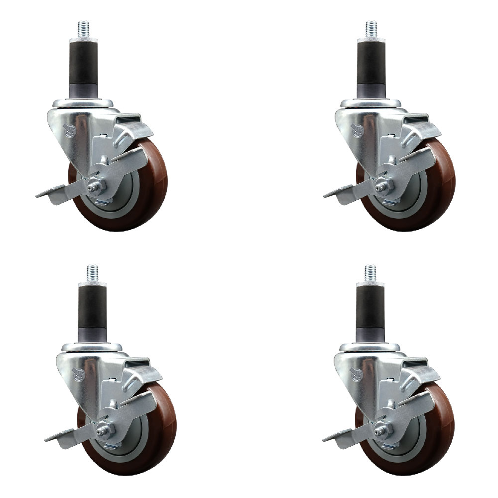 Polyurethane Swivel Expanding Stem Caster Set of 4 with 3.5 Inch Maroon Wheels and 1-1/4" Stems - Includes 4 Swivel with Top Locking Brakes - 300 lbs. Capacity Per Caster - Service Caster Brand — photo 1