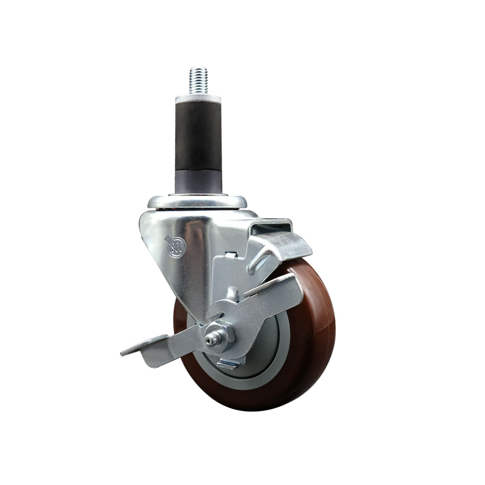 Polyurethane Expanding Stem Swivel Caster with 3.5 Inch Maroon Wheel and 1-1/4" Stem & Top Locking Brake - 300 lbs. Capacity Per Caster - Service Caster Brand — photo 1