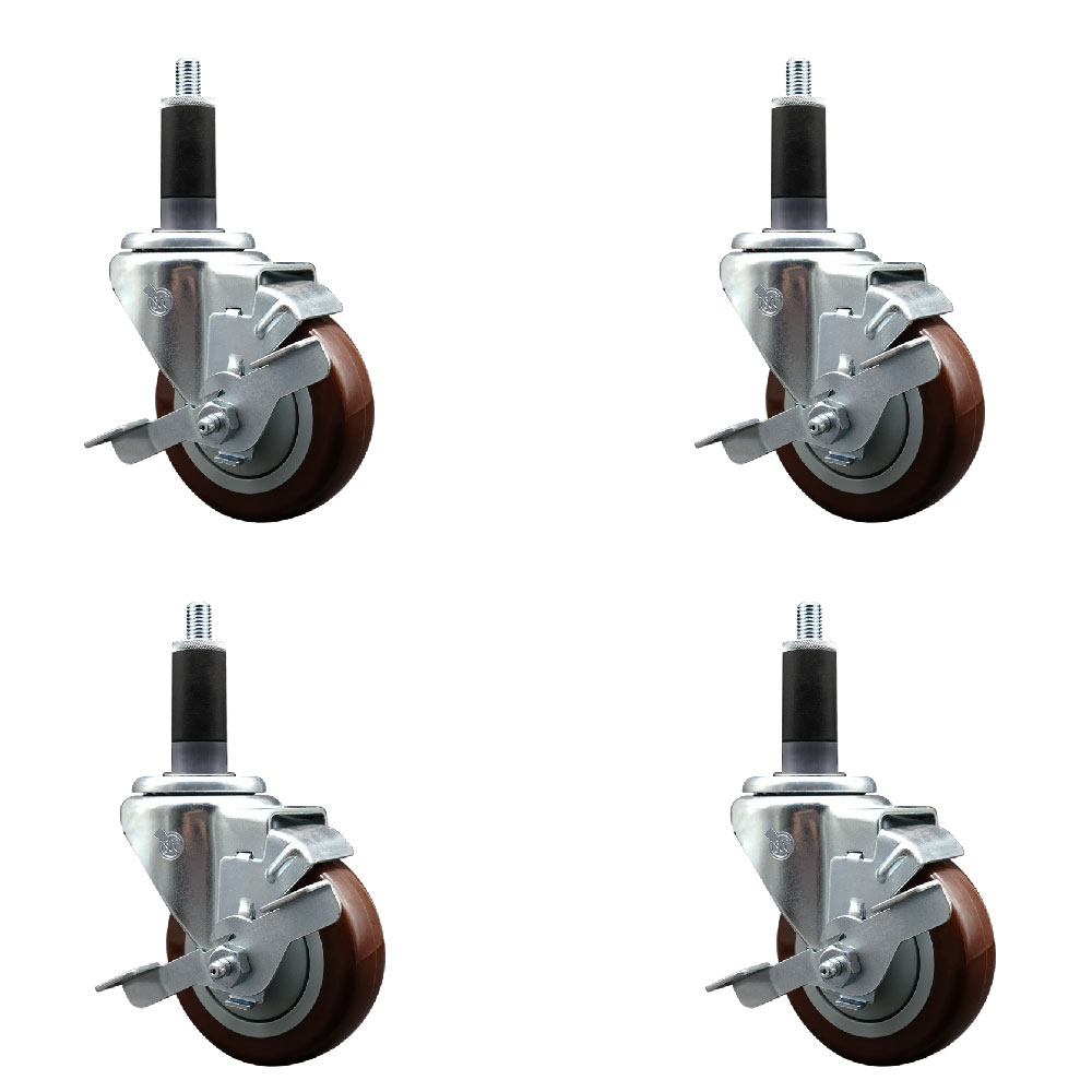 Polyurethane Swivel Expanding Stem Caster Set of 4 with 3.5 Inch Maroon Wheels and 1-1/8" Stems - Includes 4 Swivel with Top Locking Brakes - 300 lbs. Capacity Per Caster - Service Caster Brand — photo 1