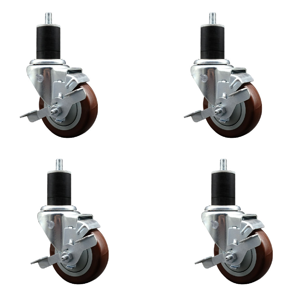 Polyurethane Swivel Expanding Stem Caster Set of 4 with 3.5 Inch Maroon Wheels and 1-3/4" Stems - Includes 4 Swivel with Top Locking Brakes - 300 lbs. Capacity Per Caster - Service Caster Brand — photo 1