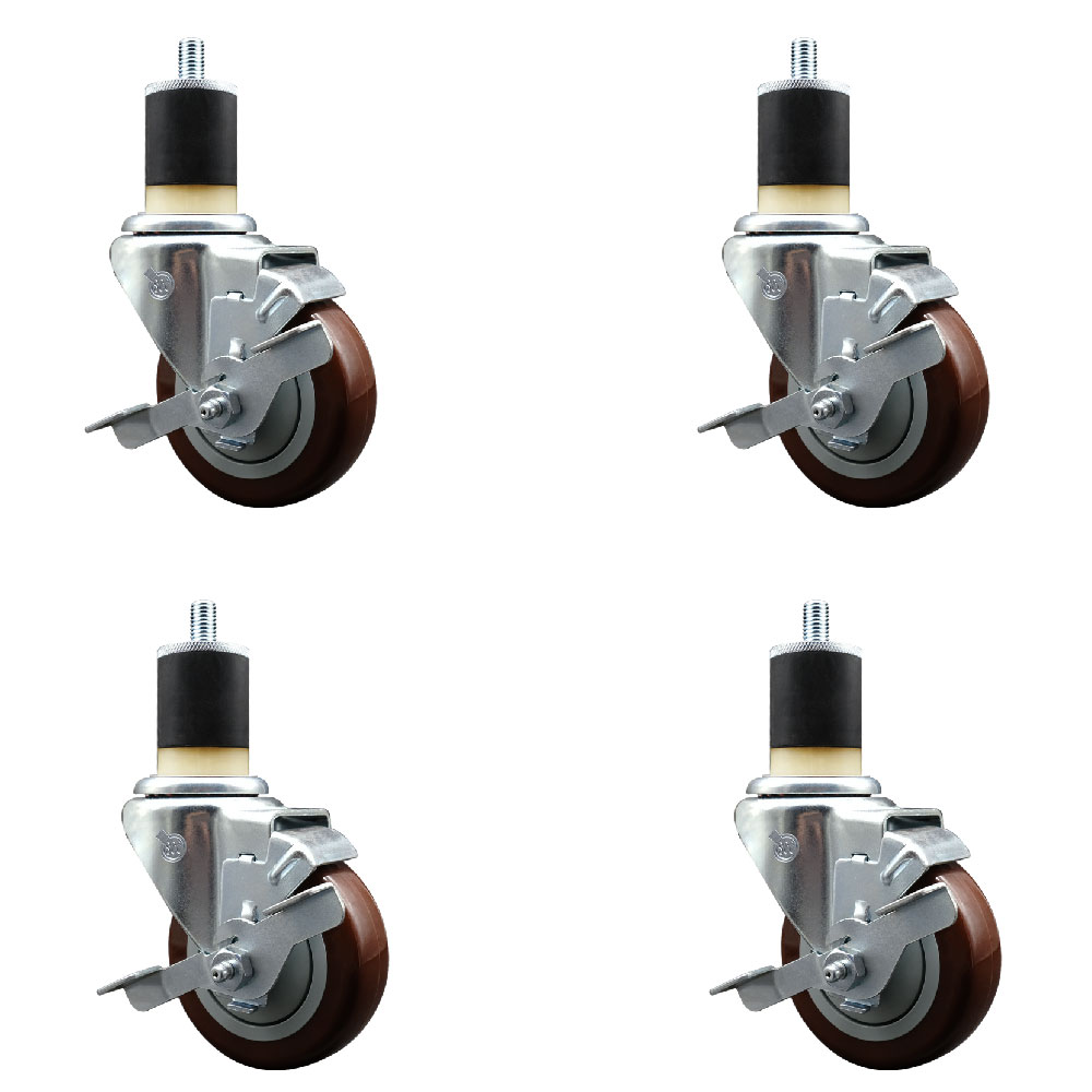 Polyurethane Swivel Expanding Stem Caster Set of 4 with 3.5 Inch Maroon Wheels and 1-7/8" Stems - Includes 4 Swivel with Top Locking Brakes - 300 lbs. Capacity Per Caster - Service Caster Brand — photo 1