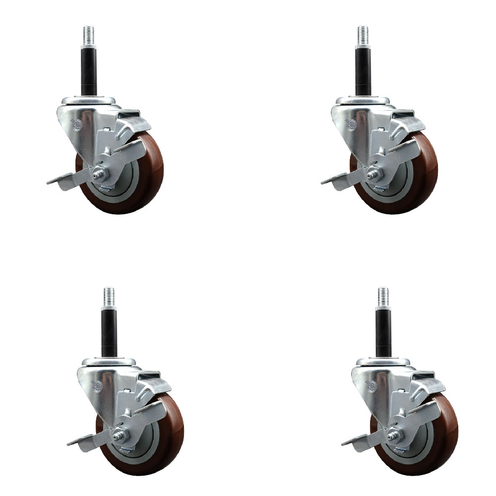 Polyurethane Swivel Expanding Stem Caster Set of 4 with 3.5 Inch Maroon Wheels and 3/4" Stems - Includes 4 Swivel with Top Locking Brakes - 300 lbs. Capacity Per Caster - Service Caster Brand — photo 1
