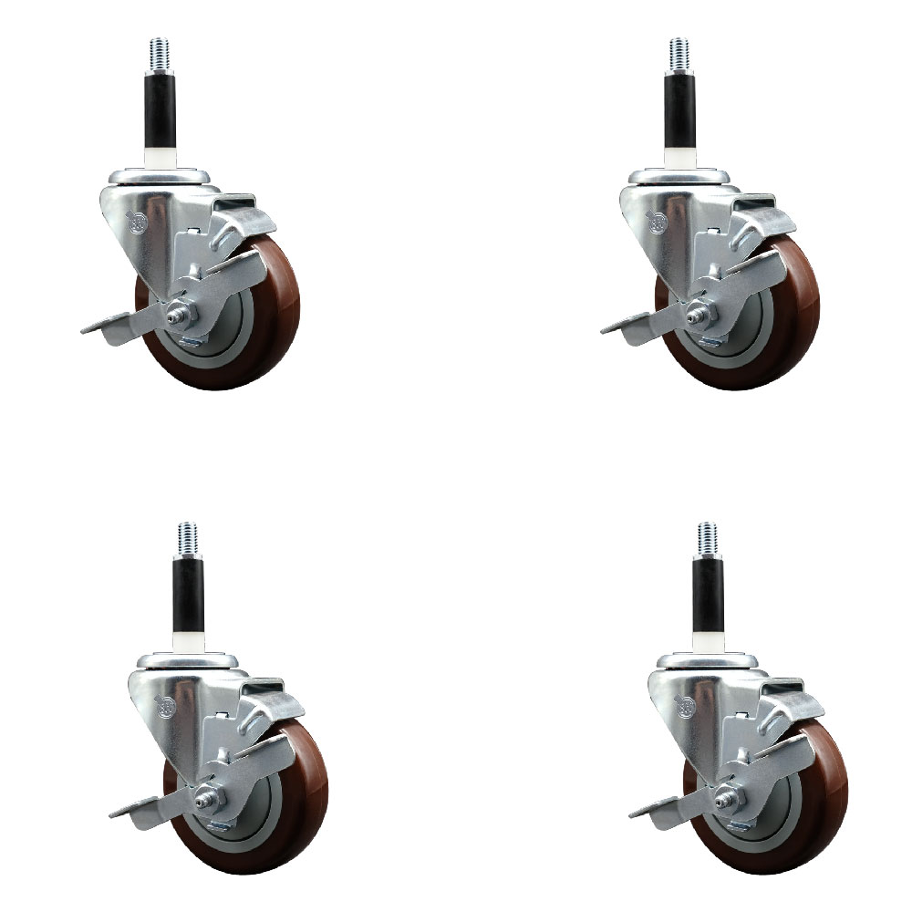 Stainless Steel Polyurethane Swivel Expanding Stem Caster Set of 4 with 3.5 Inch Maroon Wheels and 7/8" Stems - 4 Swivel with Top Locking Brakes - 300 lbs. Capacity Per Caster - Service Caster Brand — photo 1