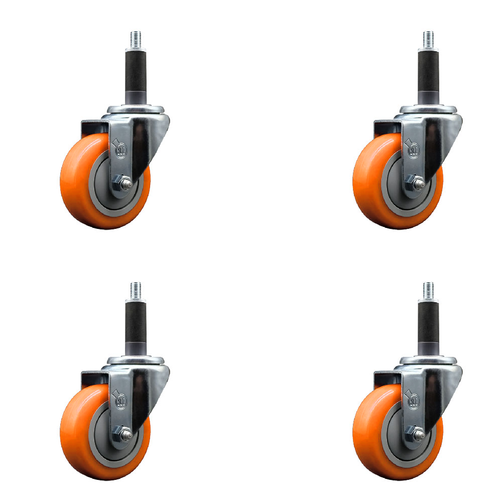 Stainless Steel Polyurethane Swivel Expanding Stem Caster Set of 4 with 3.5 Inch Orange Wheels and 1" Stems - Includes 4 Swivel - 300 lbs. Capacity Per Caster - Service Caster Brand — photo 1