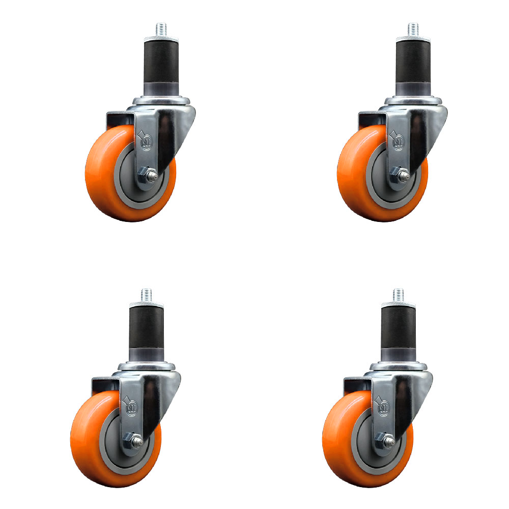 Stainless Steel Polyurethane Swivel Expanding Stem Caster Set of 4 with 3.5 Inch Orange Wheels and 1-5/8" Stems - Includes 4 Swivel - 300 lbs. Capacity Per Caster - Service Caster Brand — photo 1