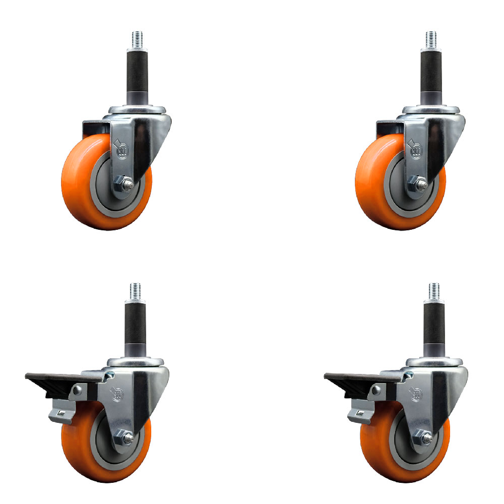 Polyurethane Swivel Expanding Stem Caster Set of 4 with 3.5 Inch Orange Wheels and 1" Stems - Includes 2 with Posi Locking Brakes - 1200 lbs Total Capacity - Service Caster Brand — photo 1