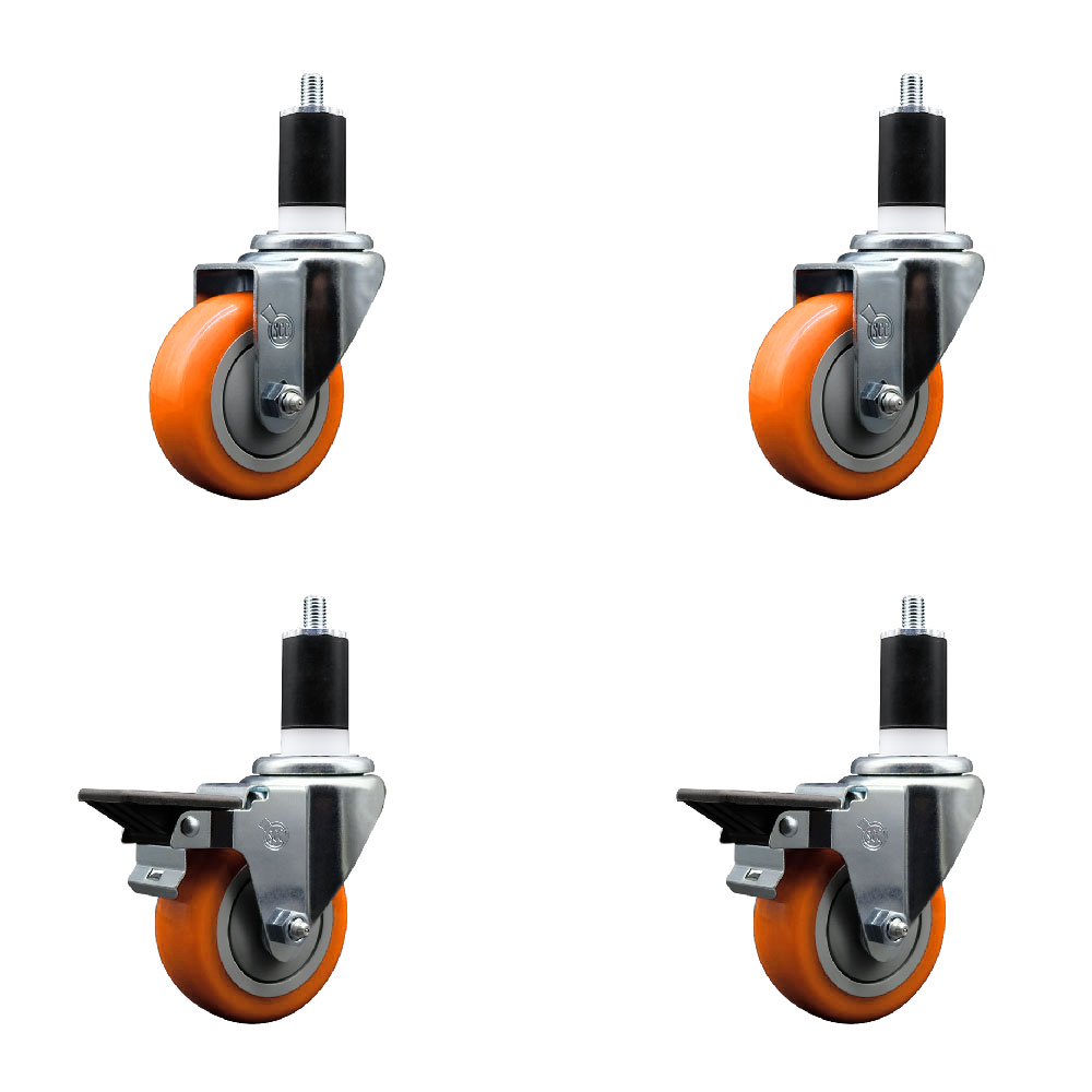 Polyurethane Swivel Expanding Stem Caster Set of 4 with 3.5 Inch Orange Wheels and 1-1/2" Stems - Includes 2 with Posi Locking Brakes - 1200 lbs Total Capacity - Service Caster Brand — photo 1