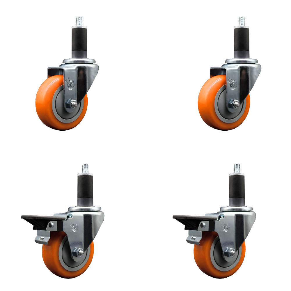 Polyurethane Swivel Expanding Stem Caster Set of 4 with 3.5 Inch Orange Wheels and 1-1/4" Stems - Includes 2 with Posi Locking Brakes - 1200 lbs Total Capacity - Service Caster Brand — photo 1
