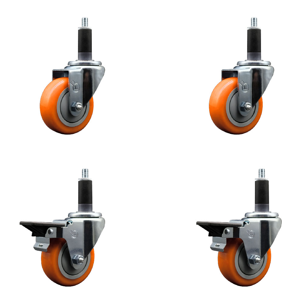 Polyurethane Swivel Expanding Stem Caster Set of 4 with 3.5 Inch Orange Wheels and 1-1/8" Stems - Includes 2 with Posi Locking Brakes - 1200 lbs Total Capacity - Service Caster Brand — photo 1