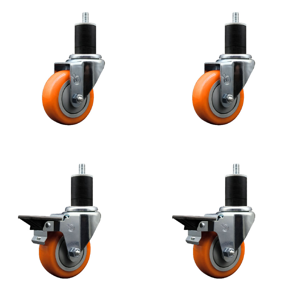 Polyurethane Swivel Expanding Stem Caster Set of 4 with 3.5 Inch Orange Wheels and 1-3/4" Stems - Includes 2 with Posi Locking Brakes - 1200 lbs Total Capacity - Service Caster Brand — photo 1