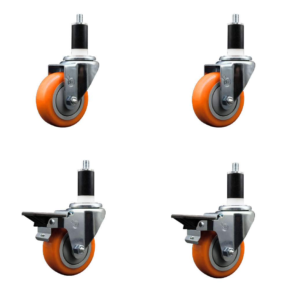 Polyurethane Swivel Expanding Stem Caster Set of 4 with 3.5 Inch Orange Wheels and 1-3/8" Stems - Includes 2 with Posi Locking Brakes - 1200 lbs Total Capacity - Service Caster Brand — photo 1