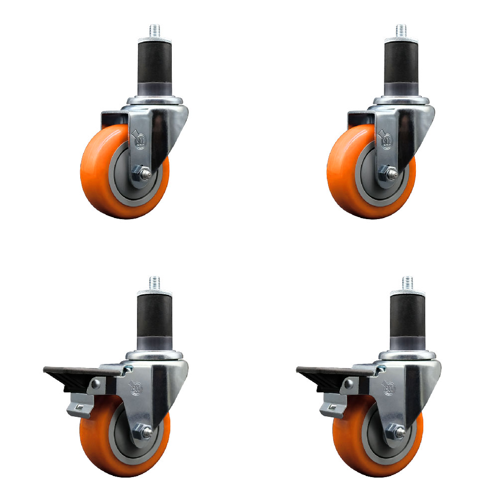 Polyurethane Swivel Expanding Stem Caster Set of 4 with 3.5 Inch Orange Wheels and 1-5/8" Stems - Includes 2 with Posi Locking Brakes - 1200 lbs Total Capacity - Service Caster Brand — photo 1
