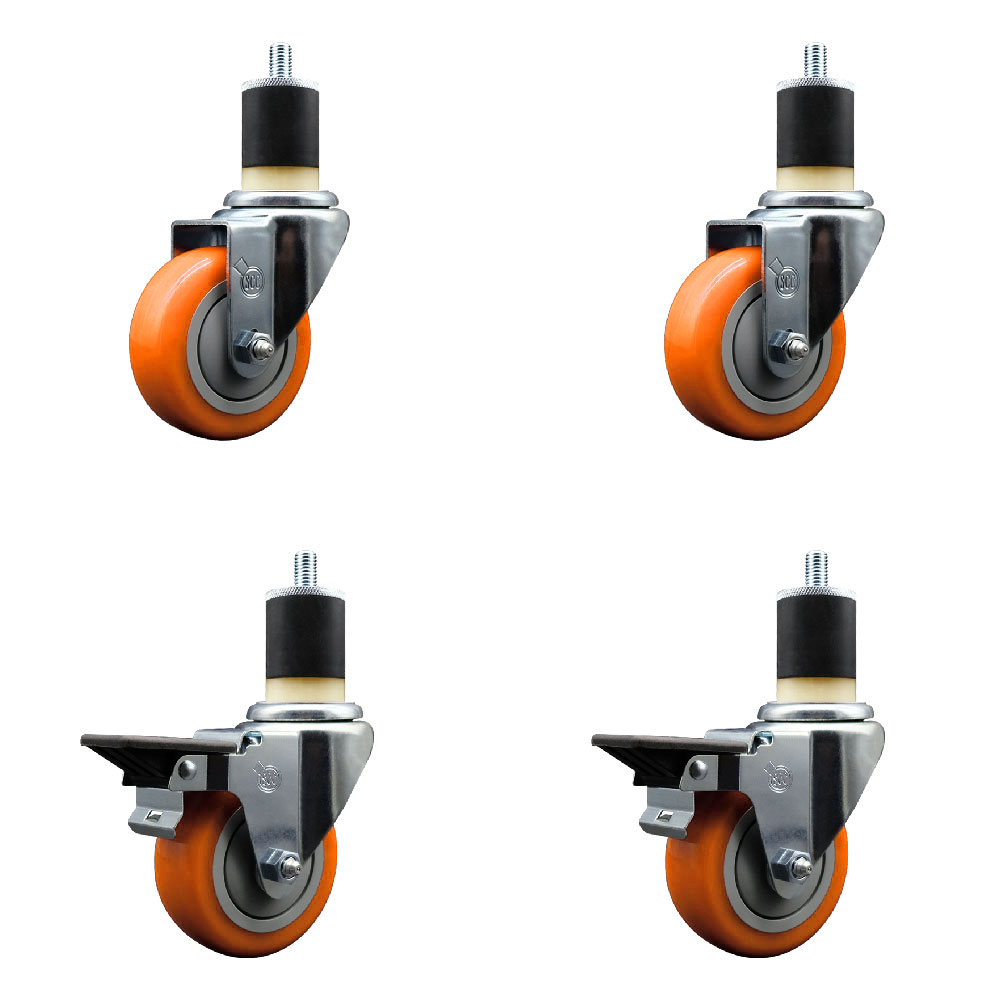 Polyurethane Swivel Expanding Stem Caster Set of 4 with 3.5 Inch Orange Wheels and 1-7/8" Stems - Includes 2 with Posi Locking Brakes - 1200 lbs Total Capacity - Service Caster Brand — photo 1