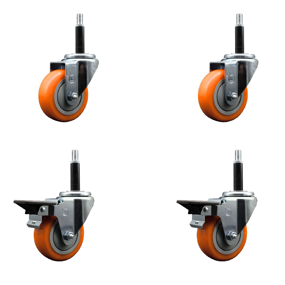 Polyurethane Swivel Expanding Stem Caster Set of 4 with 3.5 Inch Orange Wheels and 3/4" Stems - Includes 2 with Posi Locking Brakes - 1200 lbs Total Capacity - Service Caster Brand — photo 1
