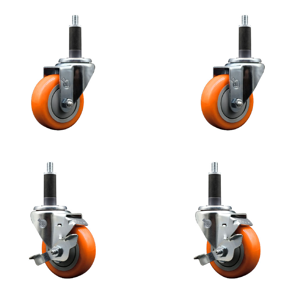 Polyurethane Swivel Expanding Stem Caster Set of 4 with 3.5 Inch Orange Wheels and 1" Stems - Includes 2 with Top Locking Brakes - 1200 lbs Total Capacity - Service Caster Brand — photo 1