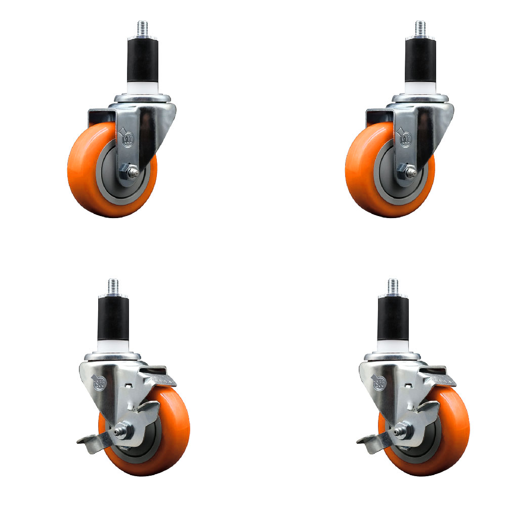 Polyurethane Swivel Expanding Stem Caster Set of 4 with 3.5 Inch Orange Wheels and 1-1/2" Stems - Includes 2 with Top Locking Brakes - 1200 lbs Total Capacity - Service Caster Brand — photo 1