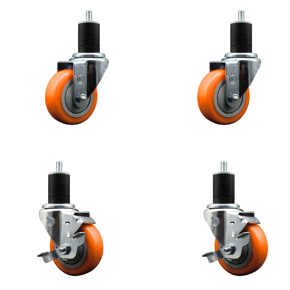 Stainless Steel Polyurethane Swivel Expanding Stem Caster Set of 4 with 3.5 Inch Orange Wheels and 1-3/4" Stems - Includes 2 with Top Locking Brakes - 1200 lbs Total Capacity - Service Caster Brand — photo 1