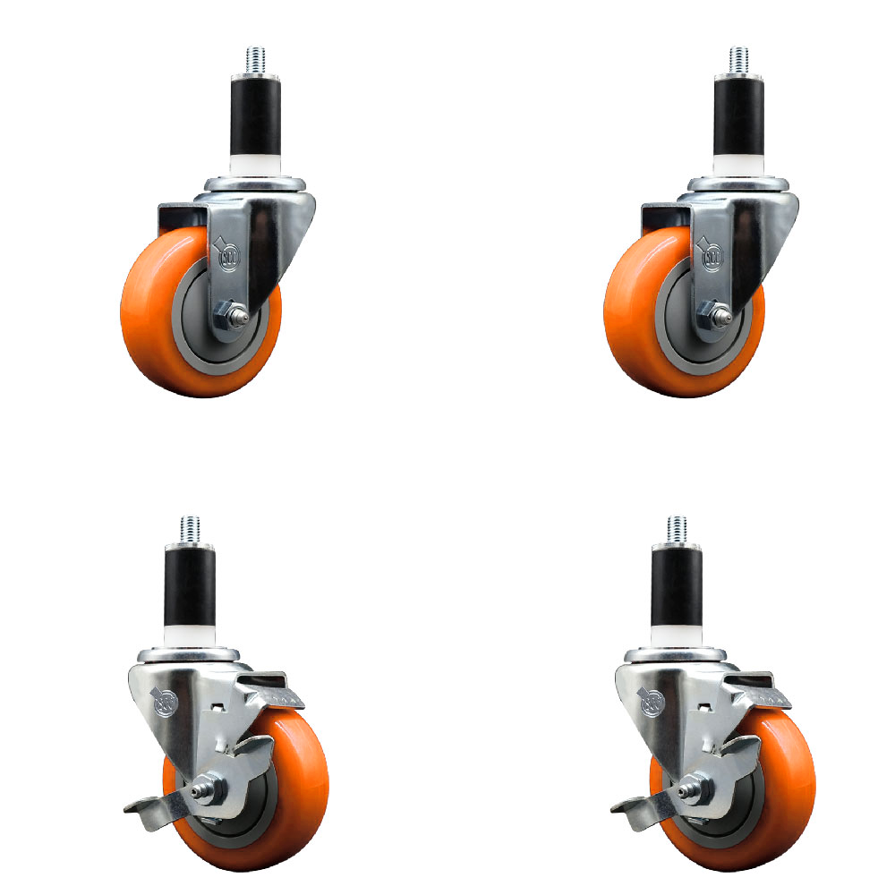 Stainless Steel Polyurethane Swivel Expanding Stem Caster Set of 4 with 3.5 Inch Orange Wheels and 1-3/8" Stems - Includes 2 with Top Locking Brakes - 1200 lbs Total Capacity - Service Caster Brand — photo 1