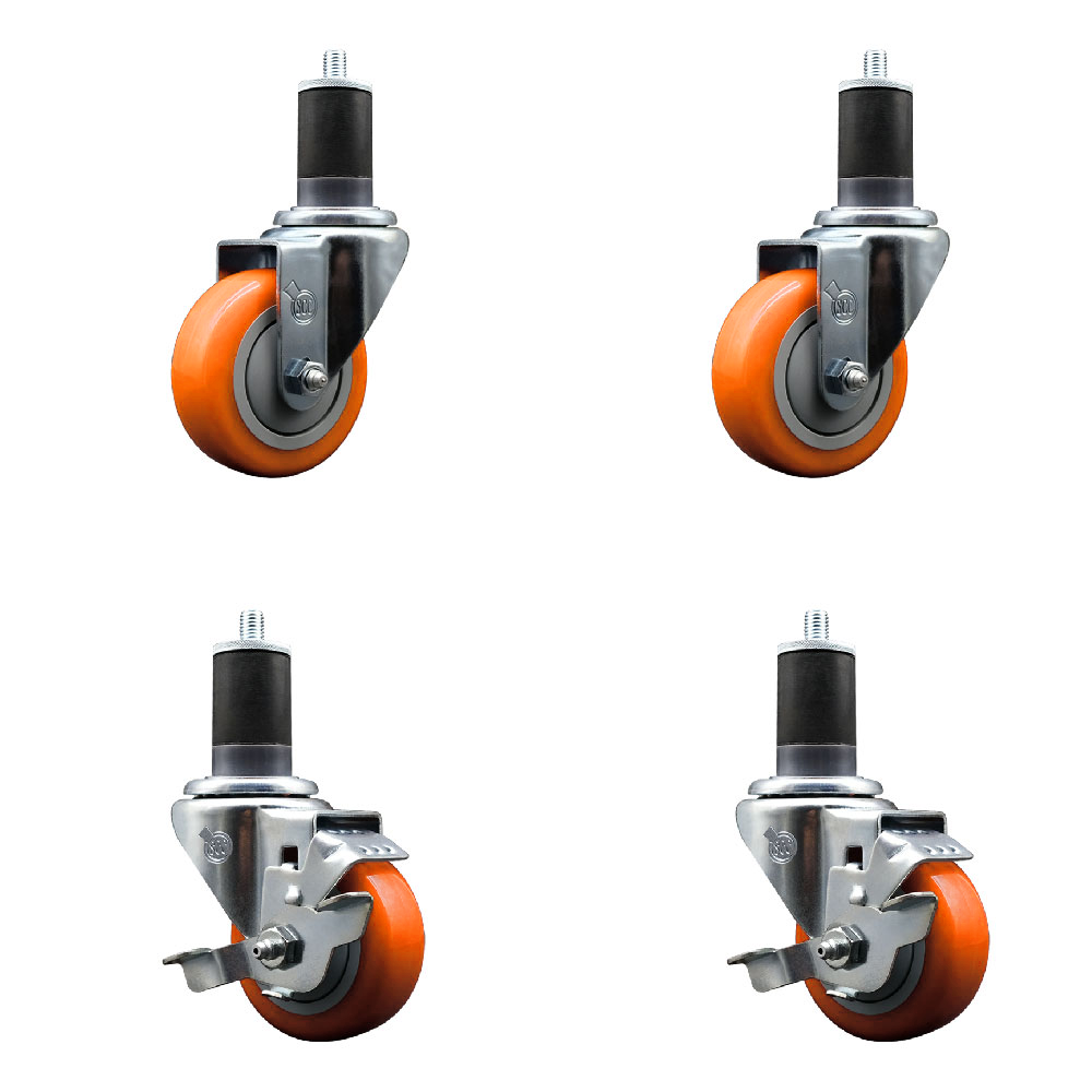 Stainless Steel Polyurethane Swivel Expanding Stem Caster Set of 4 with 3.5 Inch Orange Wheels and 1-5/8" Stems - Includes 2 with Top Locking Brakes - 1200 lbs Total Capacity - Service Caster Brand — photo 1