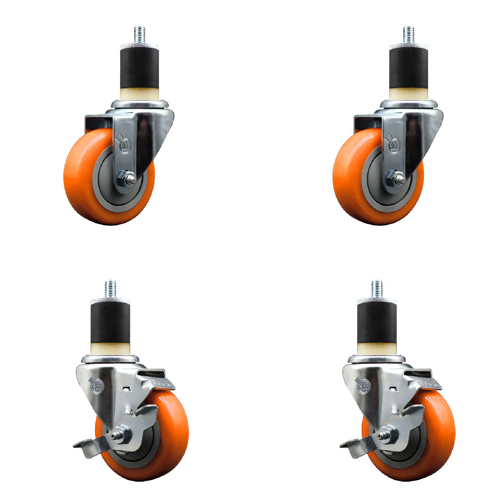 Polyurethane Swivel Expanding Stem Caster Set of 4 with 3.5 Inch Orange Wheels and 1-7/8" Stems - Includes 2 with Top Locking Brakes - 1200 lbs Total Capacity - Service Caster Brand — photo 1