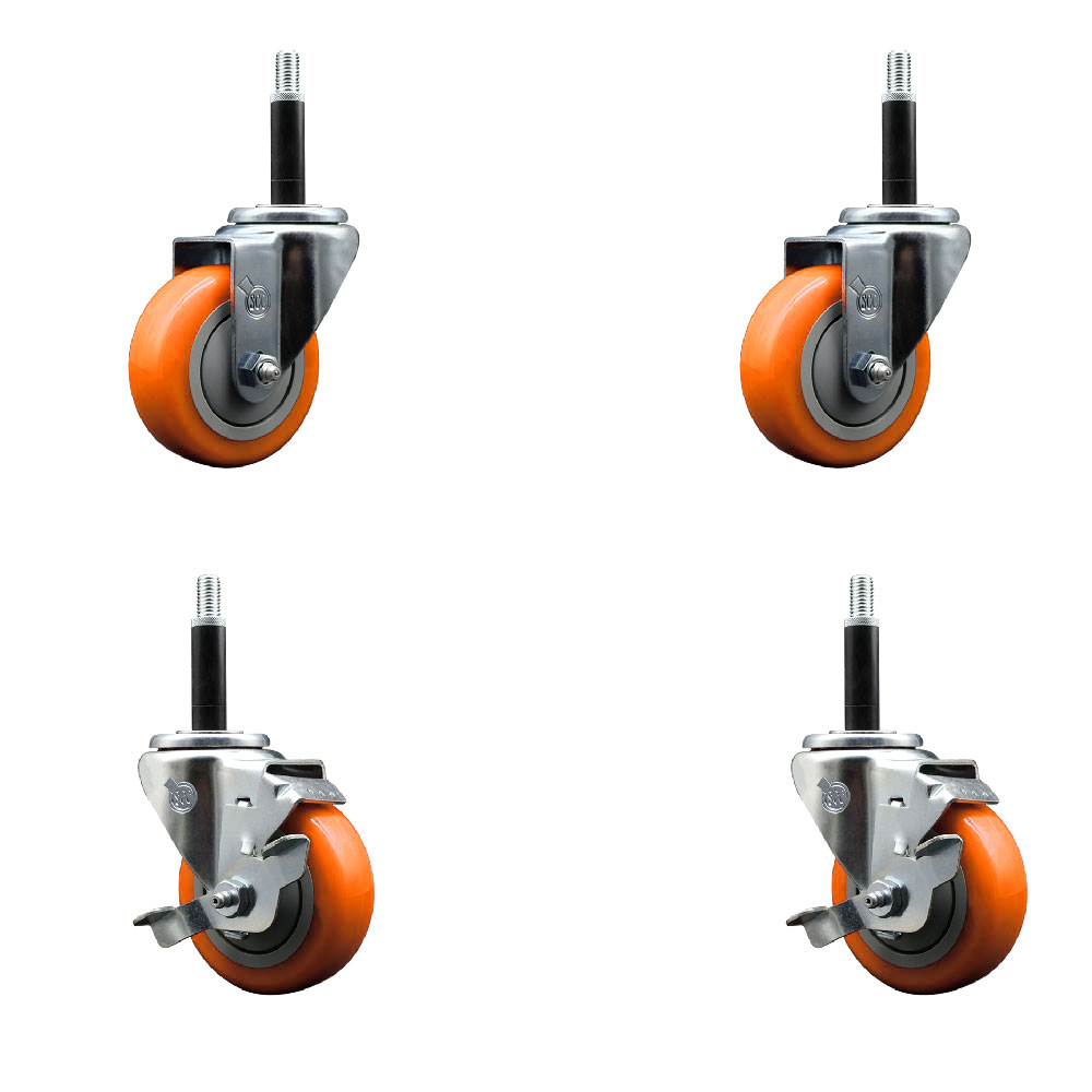 Stainless Steel Polyurethane Swivel Expanding Stem Caster Set of 4 with 3.5 Inch Orange Wheels and 3/4" Stems - Includes 2 with Top Locking Brakes - 1200 lbs Total Capacity - Service Caster Brand — photo 1