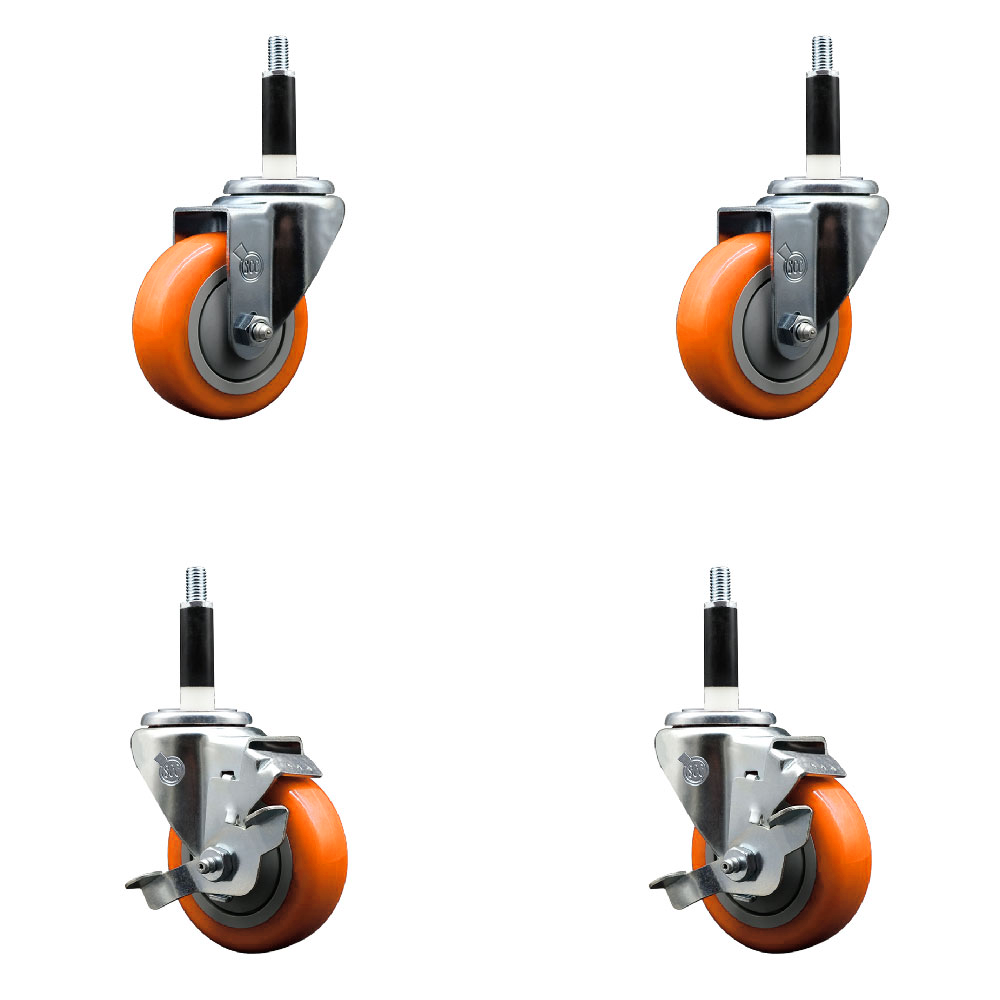 Stainless Steel Polyurethane Swivel Expanding Stem Caster Set of 4 with 3.5 Inch Orange Wheels and 7/8" Stems - Includes 2 with Top Locking Brakes - 1200 lbs Total Capacity - Service Caster Brand — photo 1