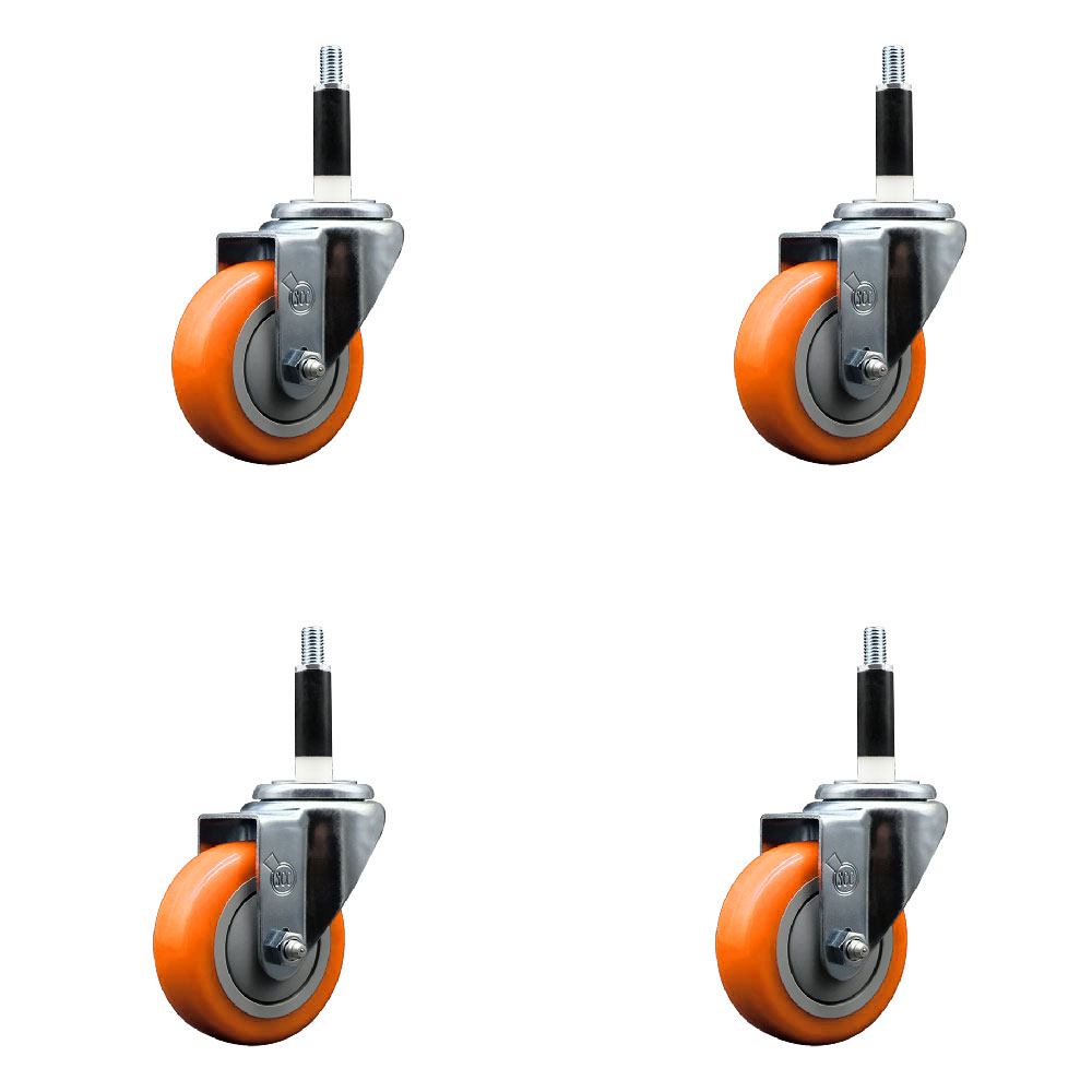Polyurethane Swivel Expanding Stem Caster Set of 4 with 3.5 Inch Orange Wheels and 7/8" Stems - 300 lbs. Capacity Per Caster - Service Caster Brand — photo 1
