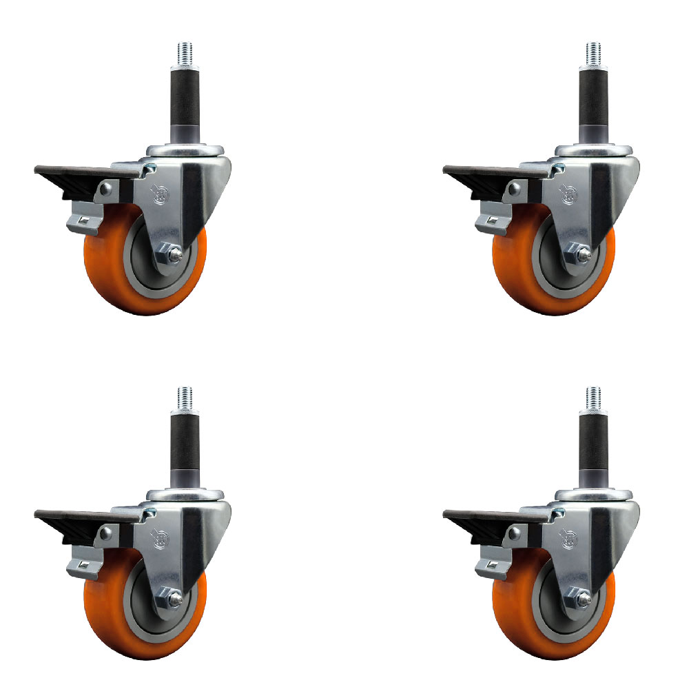 Polyurethane Swivel Expanding Stem Caster Set of 4 with 3.5 Inch Orange Wheels and 1" Stems - Includes 4 Swivel with Posi Locking Brakes - 300 lbs. Capacity Per Caster - Service Caster Brand — photo 1