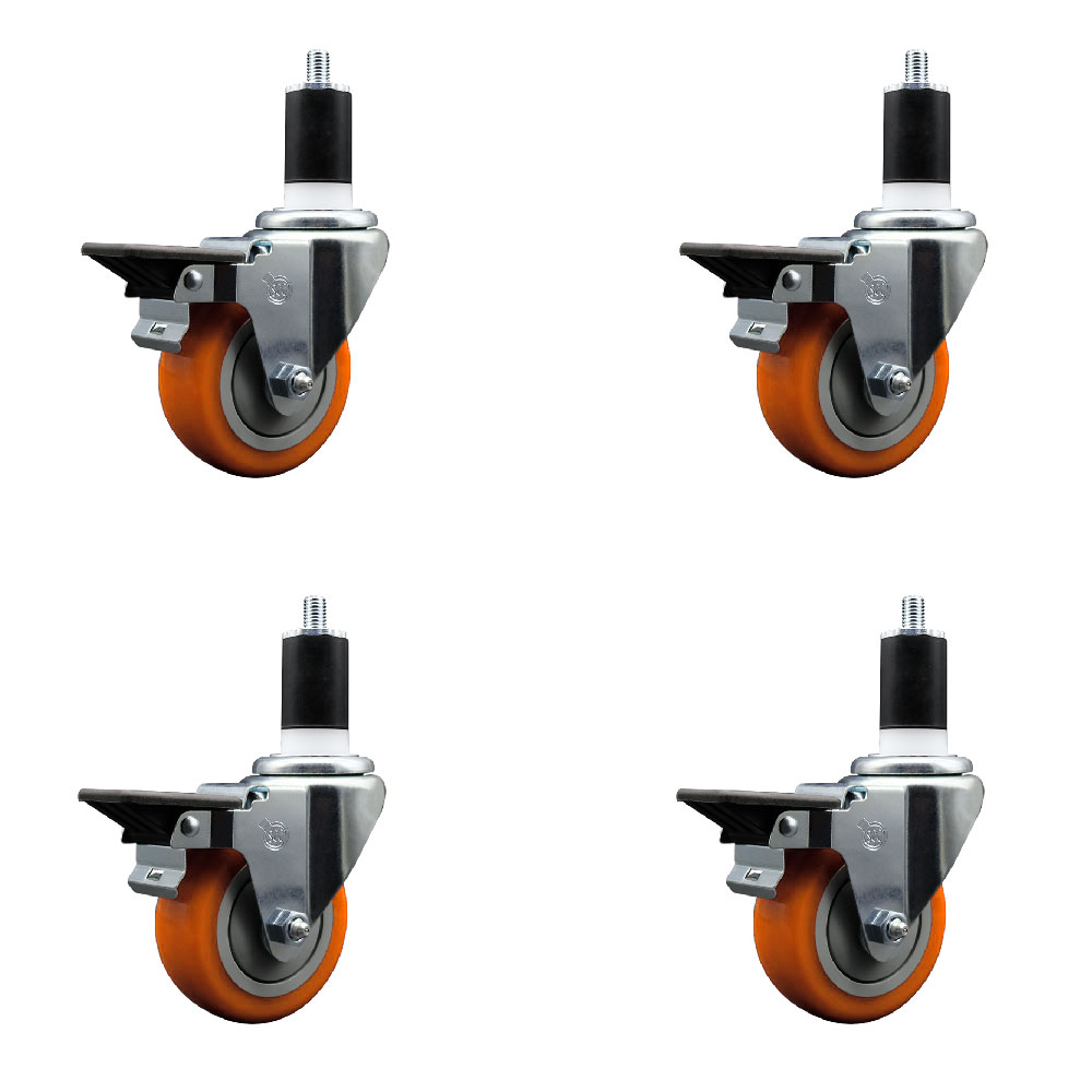 Polyurethane Swivel Expanding Stem Caster Set of 4 with 3.5 Inch Orange Wheels and 1-1/2" Stems - Includes 4 Swivel with Posi Locking Brakes - 300 lbs. Capacity Per Caster - Service Caster Brand — photo 1