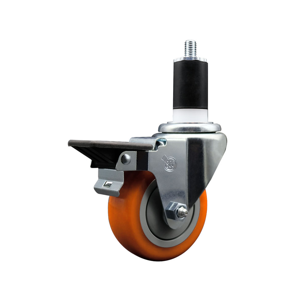 Polyurethane Expanding Stem Swivel Caster with 3.5 Inch Orange Wheel and 1-1/2" Stem & Posi Locking Brake - 300 lbs. Capacity Per Caster - Service Caster Brand — photo 1