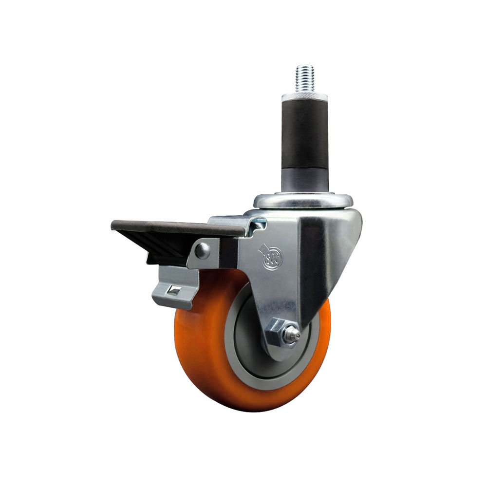 Polyurethane Expanding Stem Swivel Caster with 3.5 Inch Orange Wheel and 1-1/4" Stem & Posi Locking Brake - 300 lbs. Capacity Per Caster - Service Caster Brand — photo 1