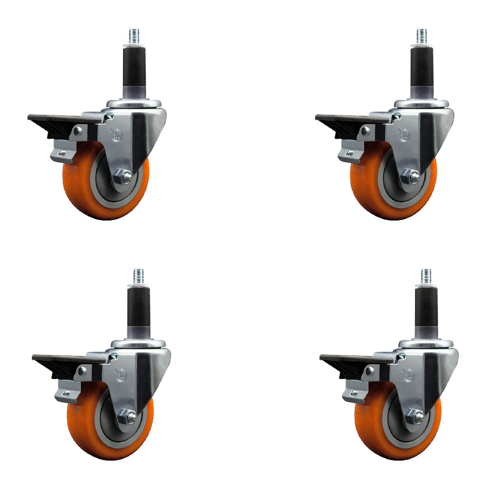 Polyurethane Swivel Expanding Stem Caster Set of 4 with 3.5 Inch Orange Wheels and 1-1/8" Stems - Includes 4 Swivel with Posi Locking Brakes - 300 lbs. Capacity Per Caster - Service Caster Brand — photo 1