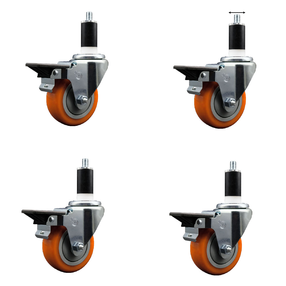 Polyurethane Swivel Expanding Stem Caster Set of 4 with 3.5 Inch Orange Wheels and 1-3/8" Stems - Includes 4 Swivel with Posi Locking Brakes - 300 lbs. Capacity Per Caster - Service Caster Brand — photo 1