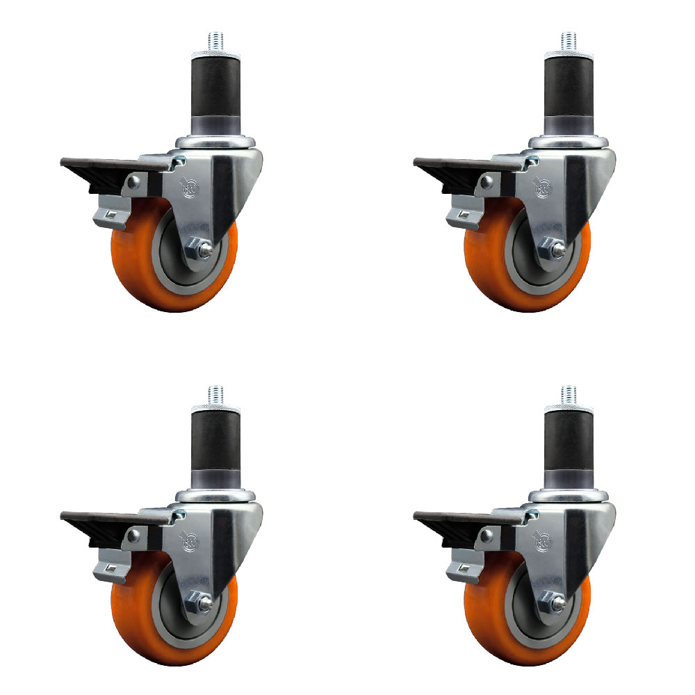 Polyurethane Swivel Expanding Stem Caster Set of 4 with 3.5 Inch Orange Wheels and 1-5/8" Stems - Includes 4 Swivel with Posi Locking Brakes - 300 lbs. Capacity Per Caster - Service Caster Brand — photo 1
