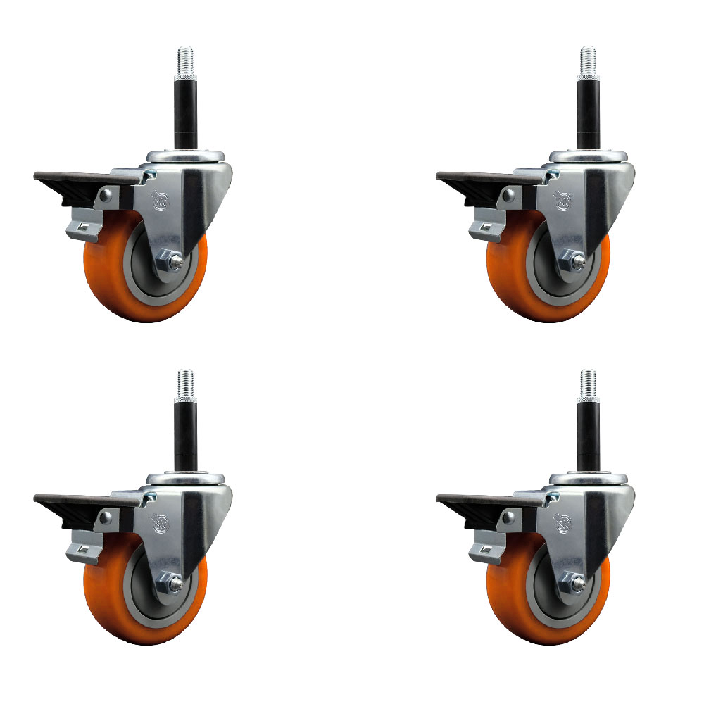 Polyurethane Swivel Expanding Stem Caster Set of 4 with 3.5 Inch Orange Wheels and 3/4" Stems - Includes 4 Swivel with Posi Locking Brakes - 300 lbs. Capacity Per Caster - Service Caster Brand — photo 1