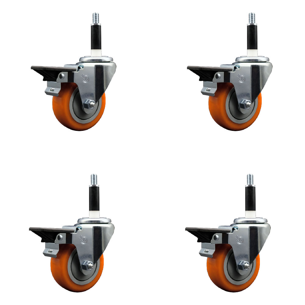 Polyurethane Swivel Expanding Stem Caster Set of 4 with 3.5 Inch Orange Wheels and 7/8" Stems - Includes 4 Swivel with Posi Locking Brakes - 300 lbs. Capacity Per Caster - Service Caster Brand — photo 1